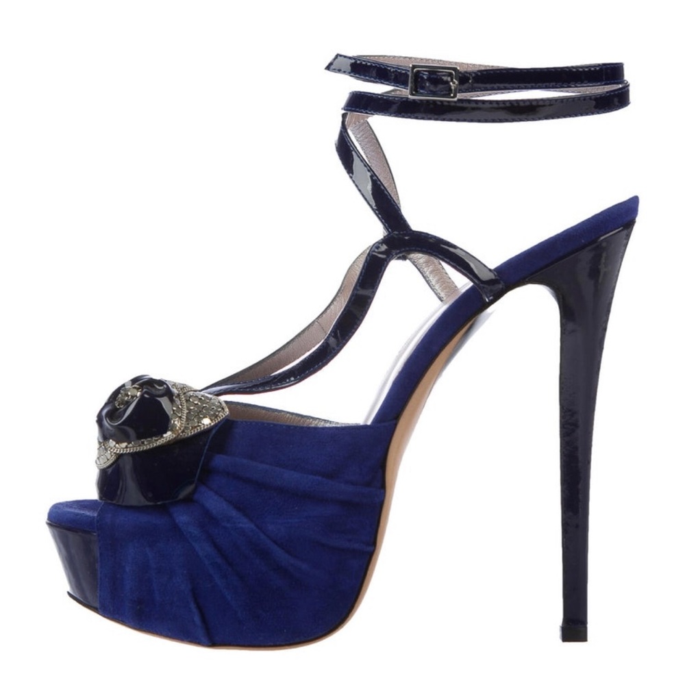 Versace Navy Blue and Black Suede Platform Heels